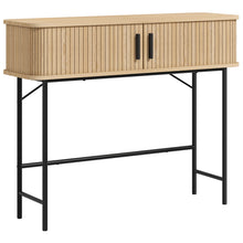 Console meuble, table console avec portes coulissantes à lattes et pieds en acier, pour salon, chêne et noir