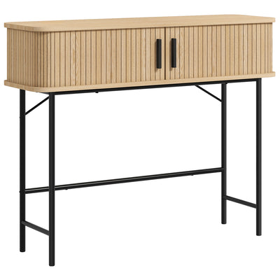 Console meuble, table console avec portes coulissantes à lattes et pieds en acier, pour salon, chêne et noir
