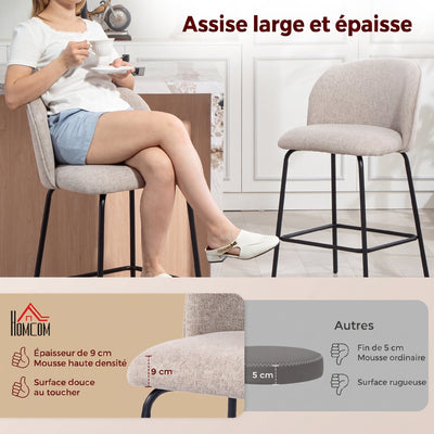 Lot de 2 Tabourets de Bar, Chaises de Bar, Repose-Pieds et Dossier, Tissu Effet Lin, Hauteur d'Assise 68cm, Gris Clair