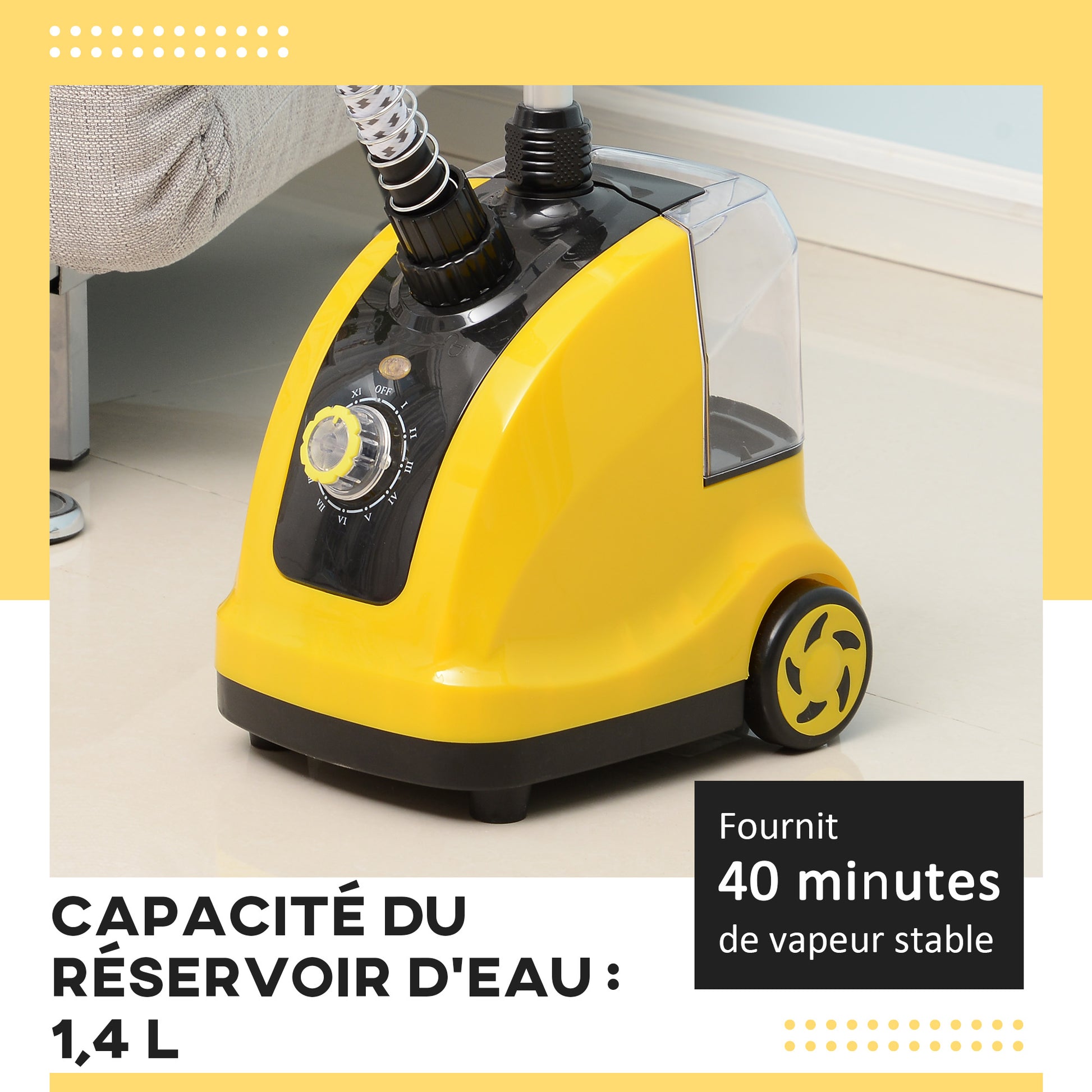 Défroisseur vapeur vertical défroisseur à vêtements 1,4 L 1950 W débit vapeur 32g/min tige telescopique jaune noir
