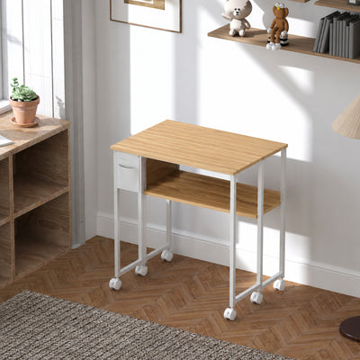 Bureau pliable sur roulettes 63 x 50 cm avec étagère et sac de rangement, bois naturel