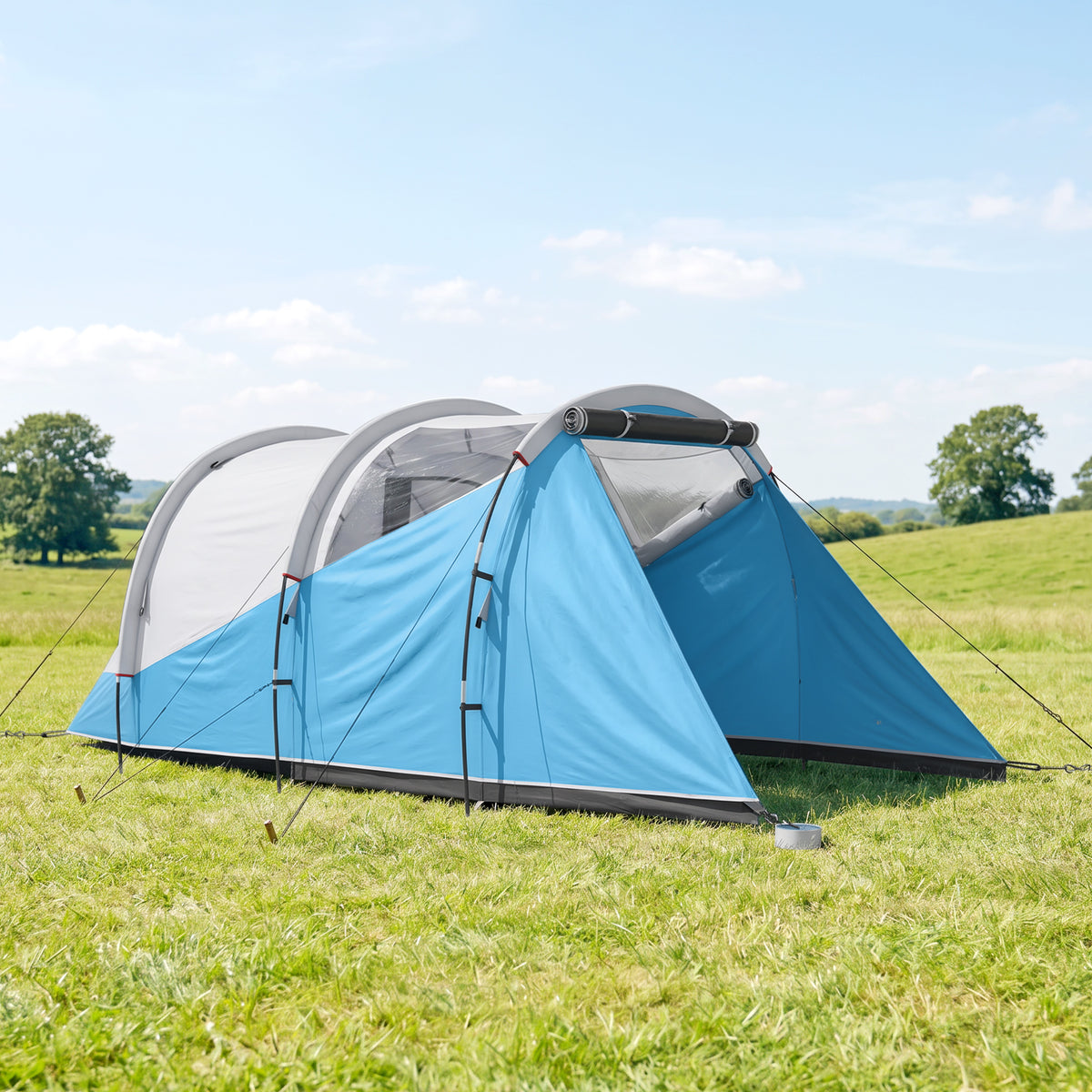 Tente de camping familiale 3 personnes, tente tunnel imperméable, 2 portes fenêtres, ventilée 4,6 x 2,6 x 1,9 m, bleu