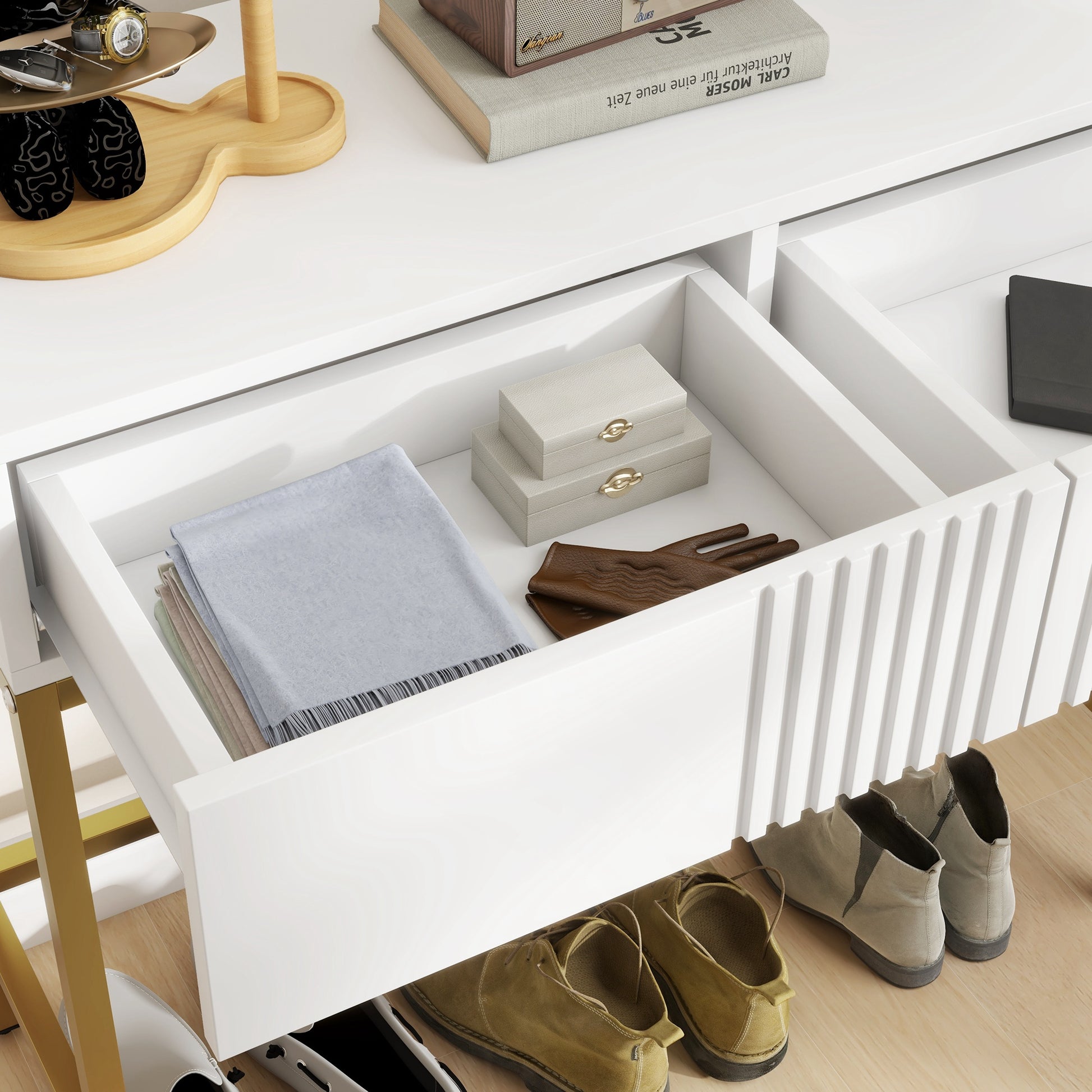 Table console console meuble avec 2 tiroirs base en acier avec pieds antidérapants 80 x 31,5 x 75 cm blanc