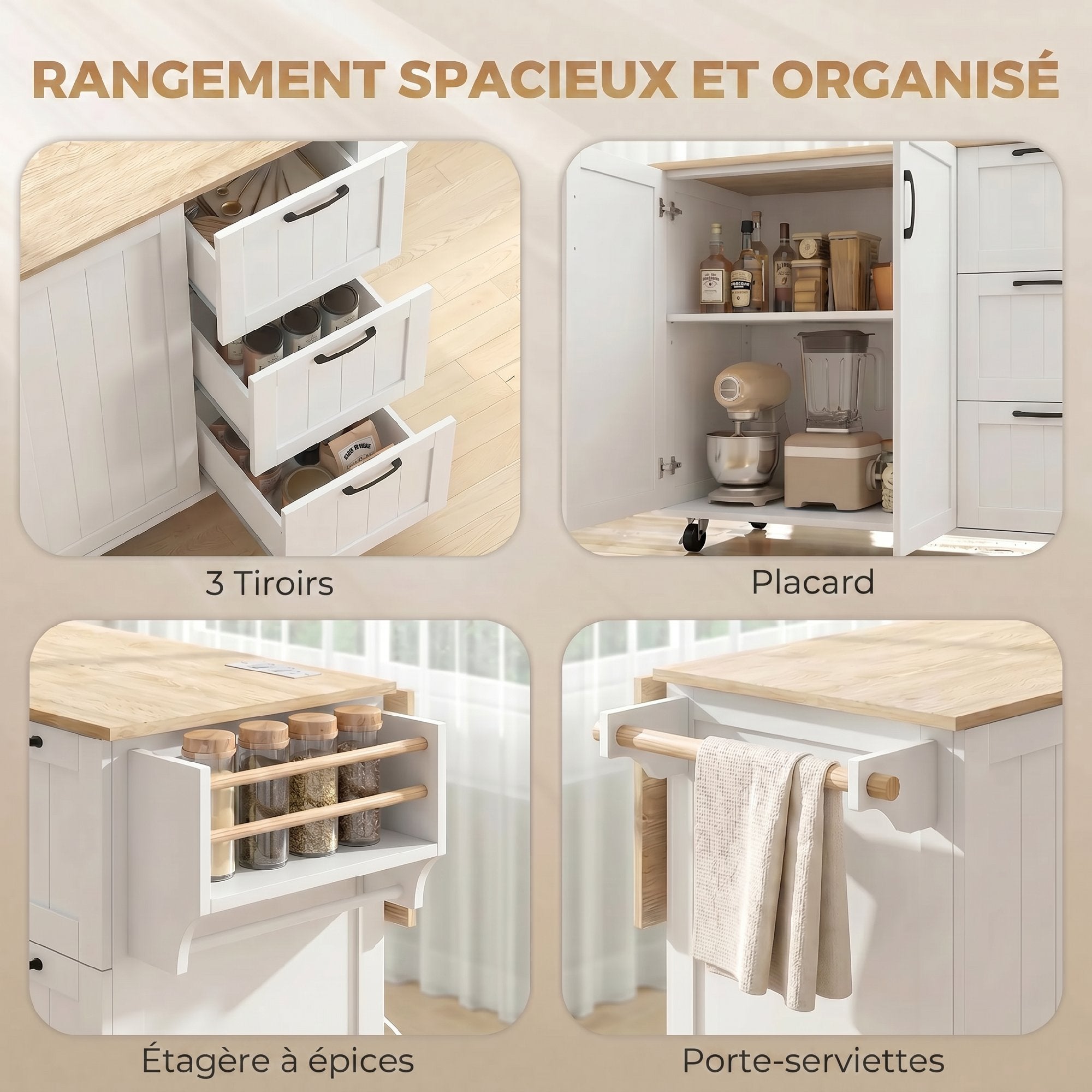 Îlot Central Cuisine avec Plateau Rabattable 2 Prises et 2 Ports USB Desserte de Cuisine sur Roulettes 3 Tiroirs Blanc