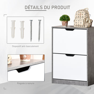 Meuble à chaussures meuble d'entrée placard de rangement, 2 portes abattantes, 62,5 x 26 x 81 cm, gris et blanc