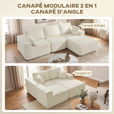 Canapé d'angle modulable 2 en 1, 267cm, canapé-lit 3 places en velours côtelé, larges assise et accoudoirs, crème