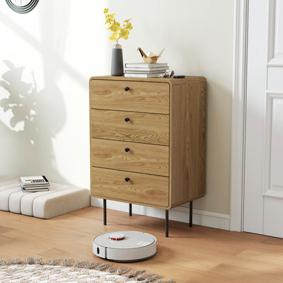 Commode 4 tiroirs, meuble de rangement étroit avec pieds en acier, coins arrondis, 60 x 39 x 91,5 cm, chêne