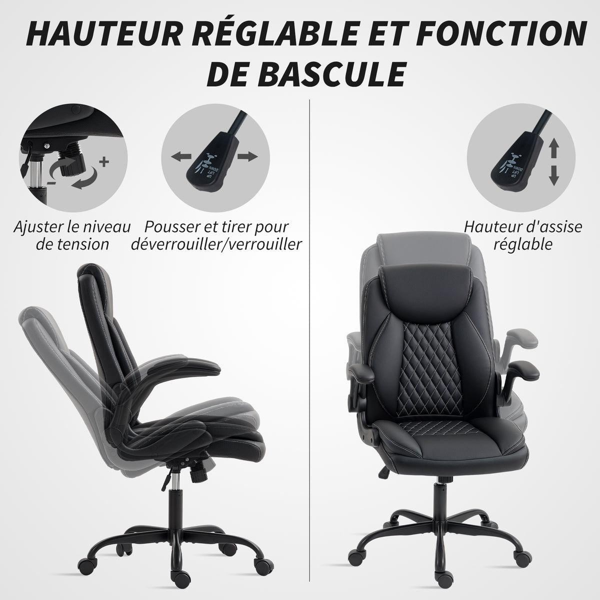 Fauteuil de bureau, chaise bureau ergonomique avec accoudoirs relevables, hauteur réglable, fonction de bascule, noir