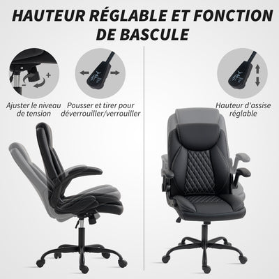 Fauteuil de bureau, chaise bureau ergonomique avec accoudoirs relevables, hauteur réglable, fonction de bascule, noir