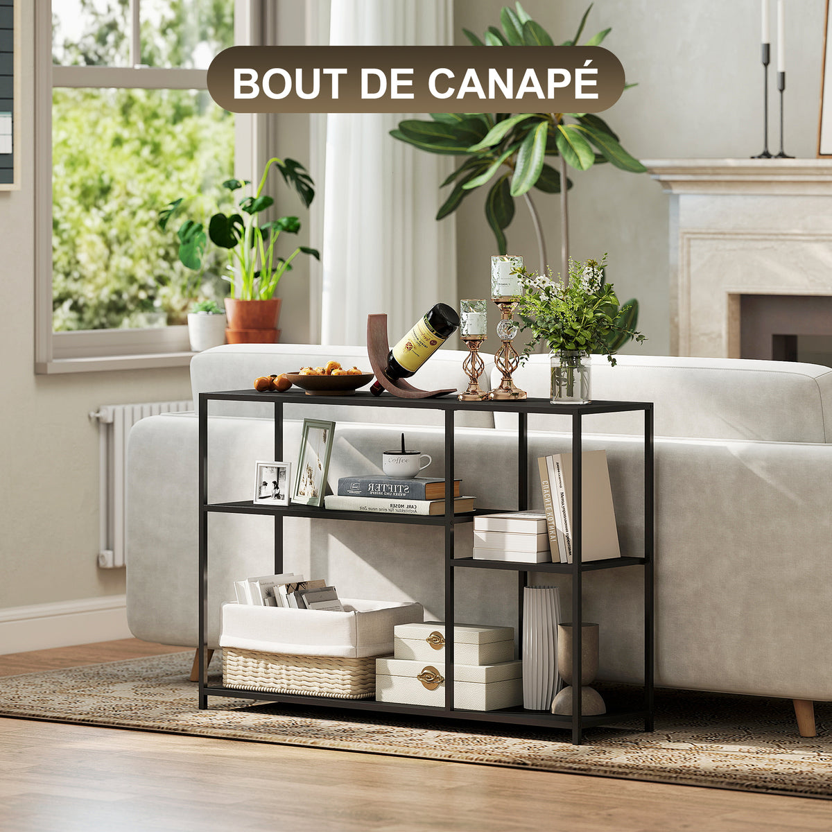 Console meuble étroite à 4 niveaux style industriel cadre en acier, 110 x 30 x 75 cm, noir