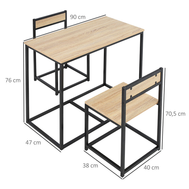 Ensemble Table et chaises de Salle à manger Set de 1 Table + 2 chaises encastrables pour Cuisine - métal Noir Aspect chêne Clair Aosom