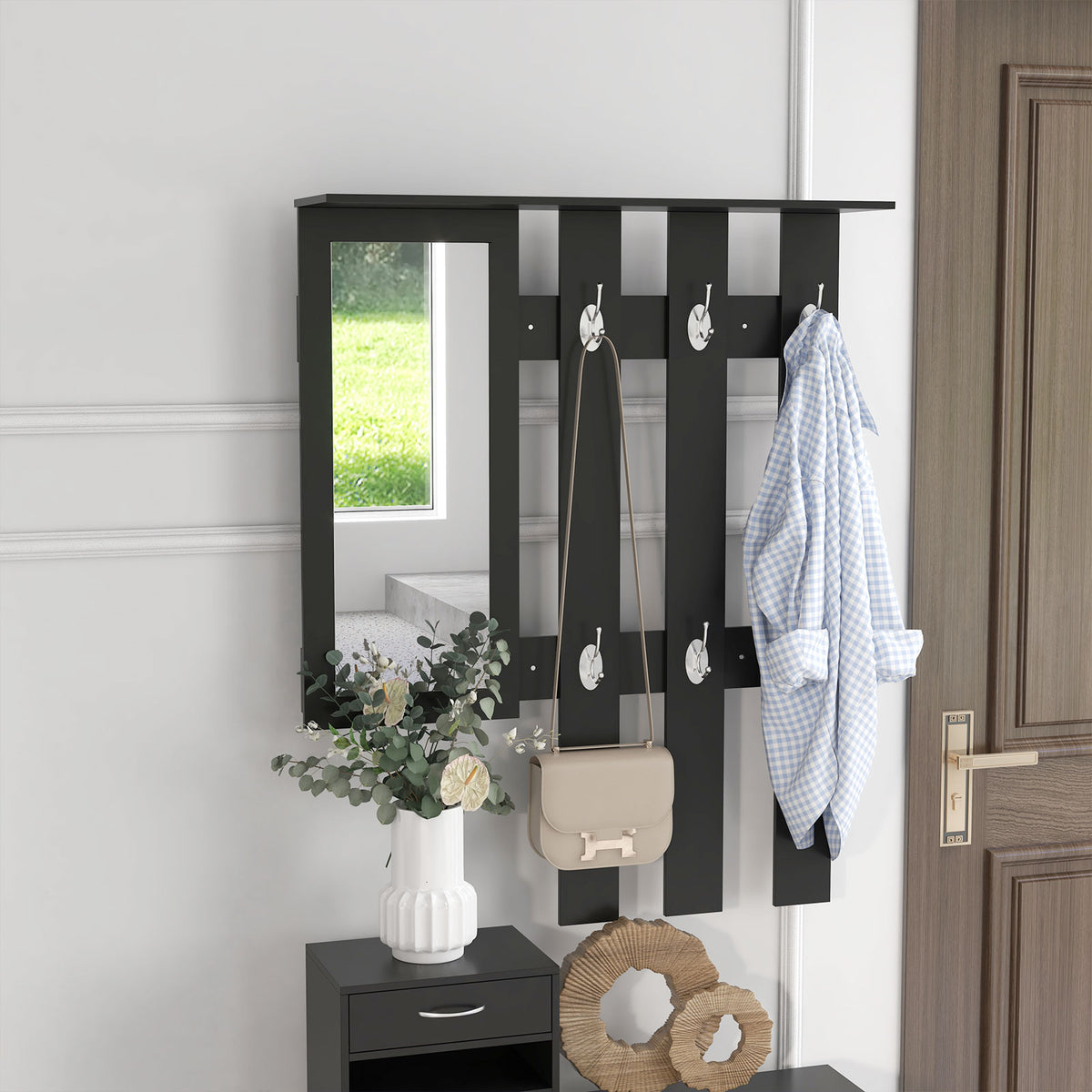 Ensembles 3 en 1 de meuble d'entrée vestiaire avec panneau porte-manteau, miroir et banc à chaussures noir