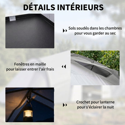 Tente de camping familiale 4 personnes dôme 2 chambres 1 séjour et 1 auvent anti-UV Imperméable 2000 mm multicolore