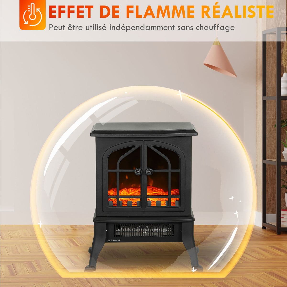 Cheminée électrique avec effet flamme 3D, 1800/900 W, fausse cheminée décorative, thermostat réglable, 39x24x48cm, noir