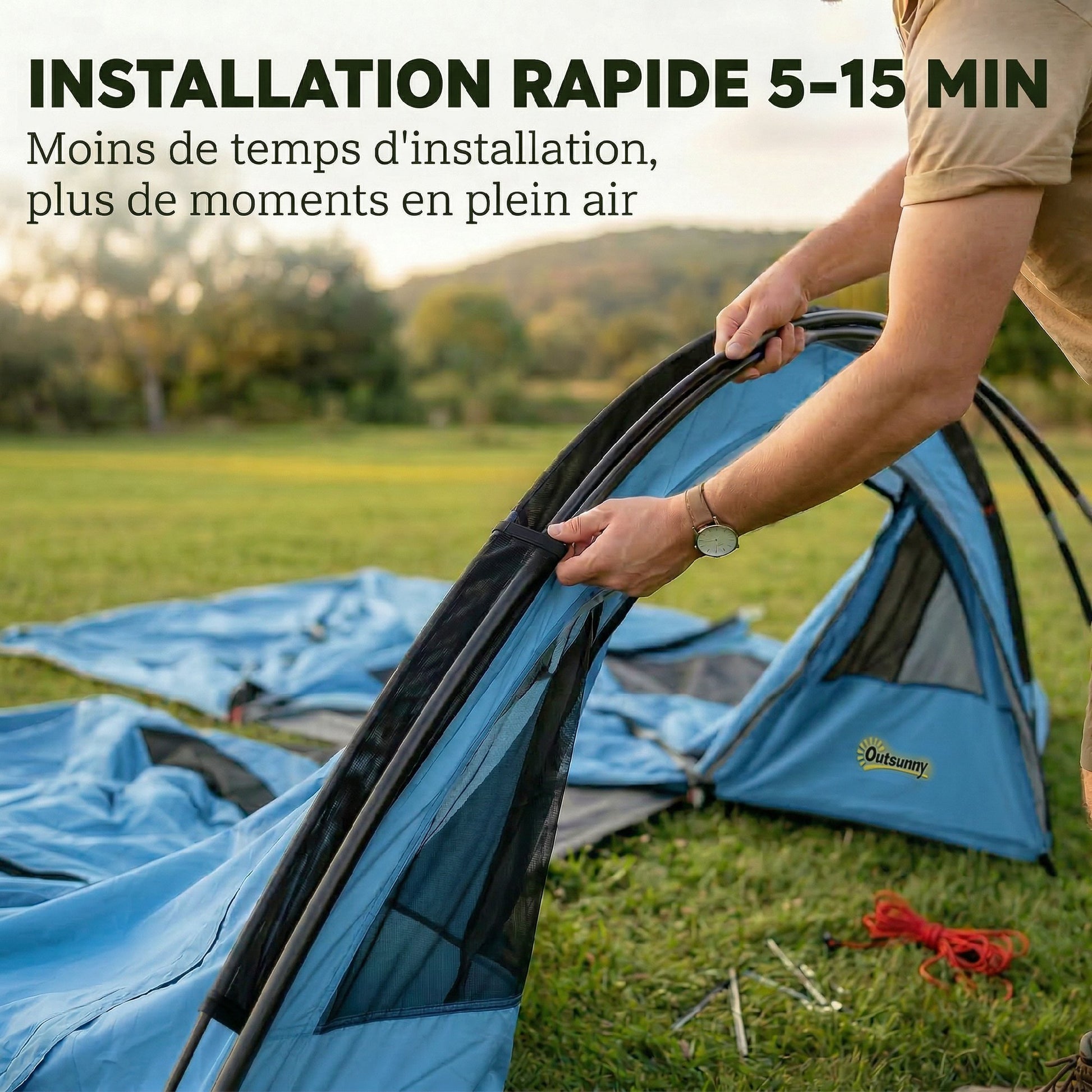 Grande Tente Tunnel Camping 4 Personnes 3-4 Saisons Hauteur d'Homme 2 m Séjour XL 3,7 m Imperméable 3000mm Bleu