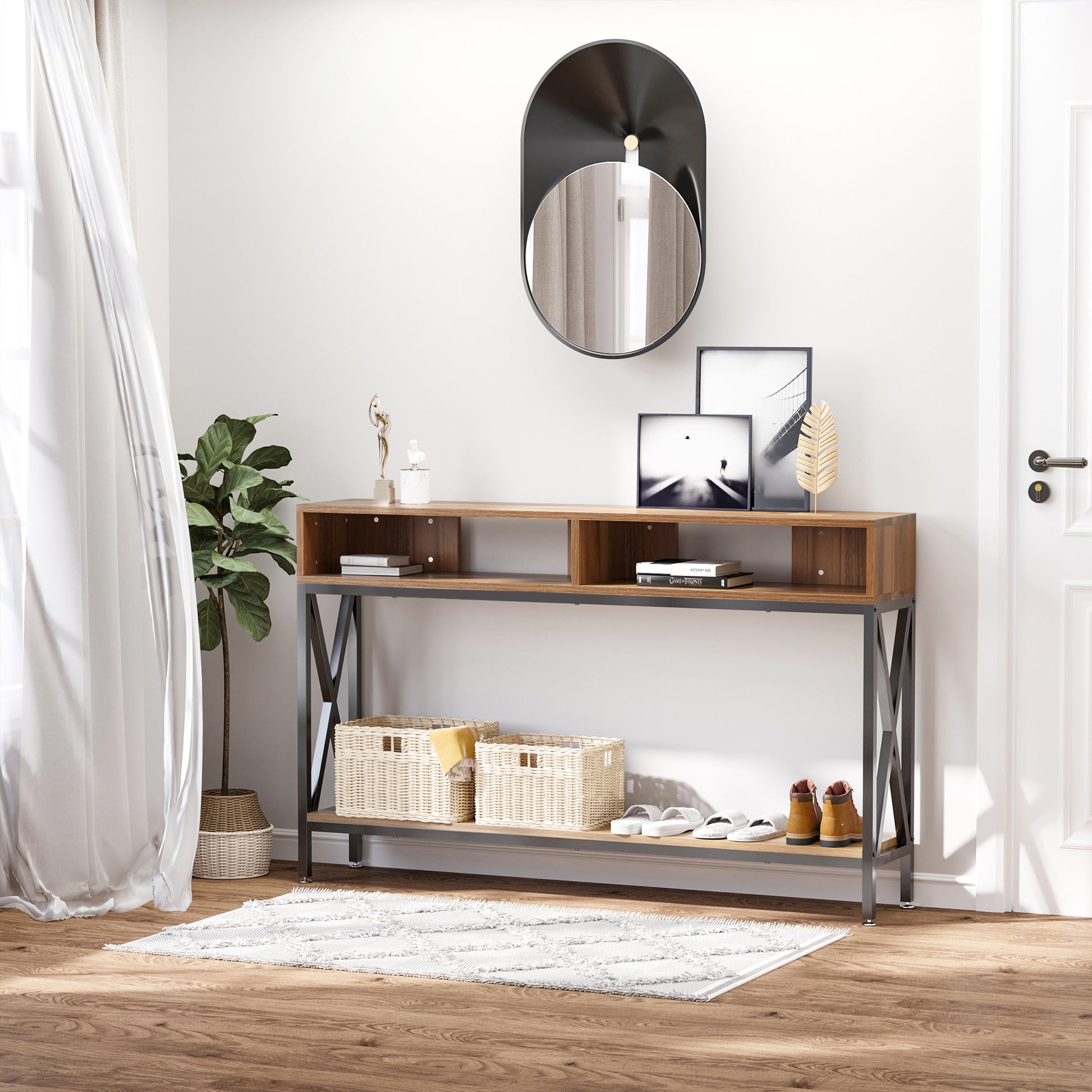 Table Console Table d'Entrée Industriel Multi-rangements 120 x 23,5 x 75 cm Bois Noyer