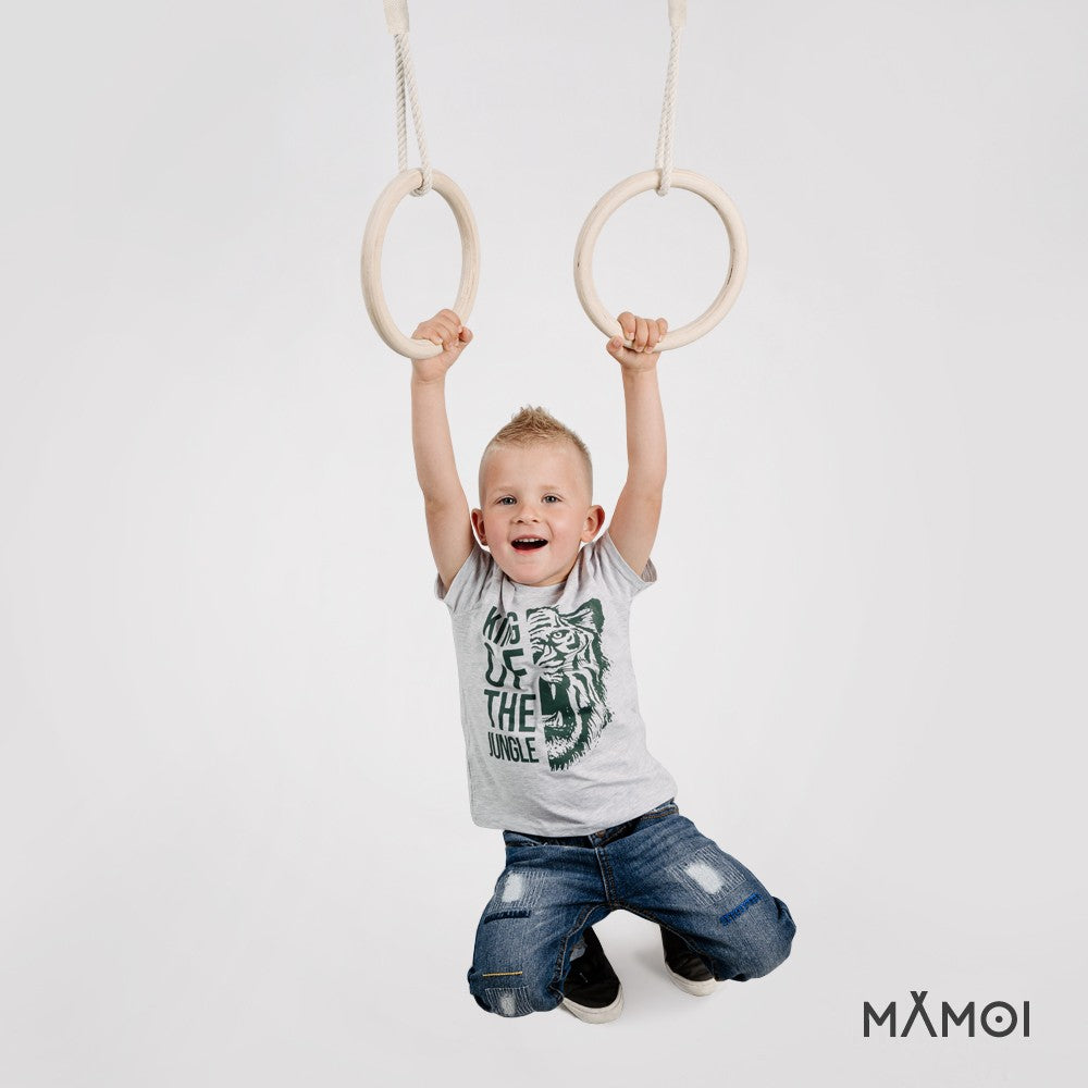 MAMOI® Gymnastikringe für Kinder mit Deckenhaken – Holz-Trainingsringe mit Höhenverstellung, Turnringe für Zuhause und Garten