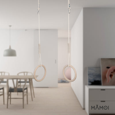 MAMOI® Gymnastikringe für Kinder mit Deckenhaken – Holz-Trainingsringe mit Höhenverstellung, Turnringe für Zuhause und Garten