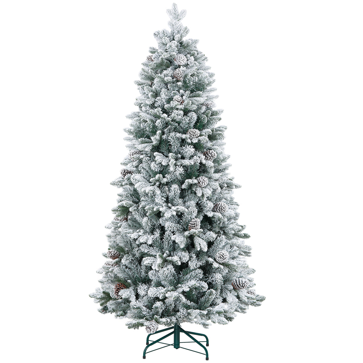 Sapin de Noël artificiel 180 cm Arbre de Noël avec support en métal 1489 branches enneigées, pommes de pin, vert