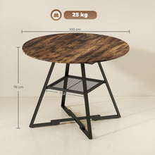 Table à manger ronde pour 4 personnes, Ø 100 x 76 cm, table de cuisine avec large plateau et étagère, brun rustique