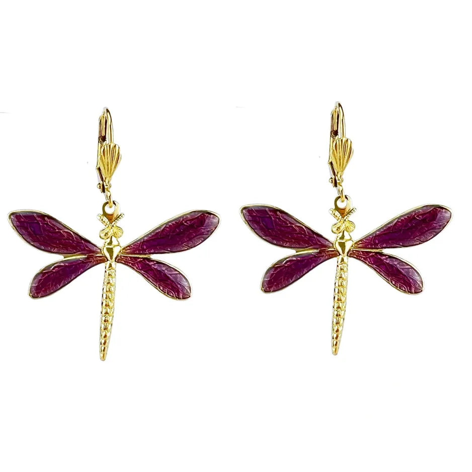 Boucles d'oreilles Libellules - Prune, métal doré (effet vitrail)