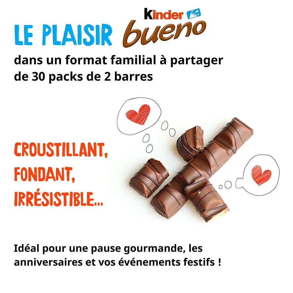 Vebdu par Boite de 5 / 1 Boite =30 barre de kinder |45€par Boite Barre chocolatée - Kinder Bueno - Fine Gaufrette Enrobée de Chocolat au Lait avec un Coeur Lait et Noisettes - Goûter Fondant et Croustillant - Format à partager- 30 x 2 Barres (43g) HomeAdcesse