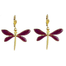 Boucles d'oreilles Libellules - Prune, métal doré (effet vitrail)