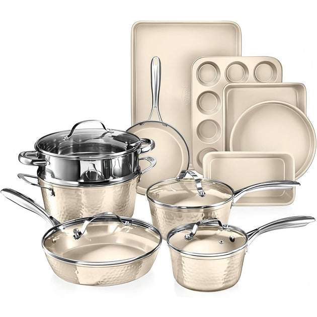 Ensemble de 15 pièces de casseroles et ustensiles de cuisson Gotham Steel Hammered Cream HomeAdcesse