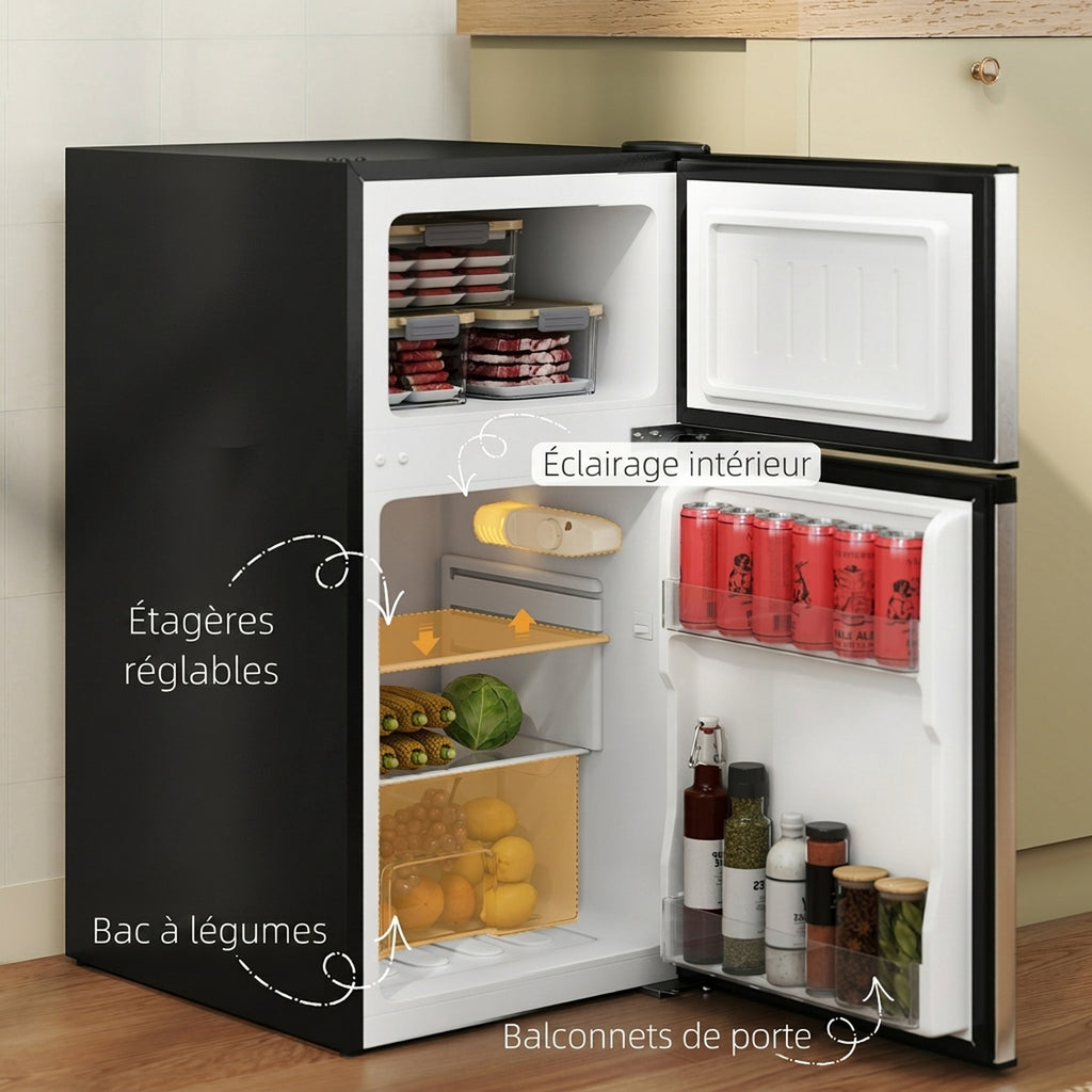 Réfrigérateur congélateur 88 L, petit réfrigérateur combiné avec portes réversibles et éclairage, 45,5x50x86,5cm, noir