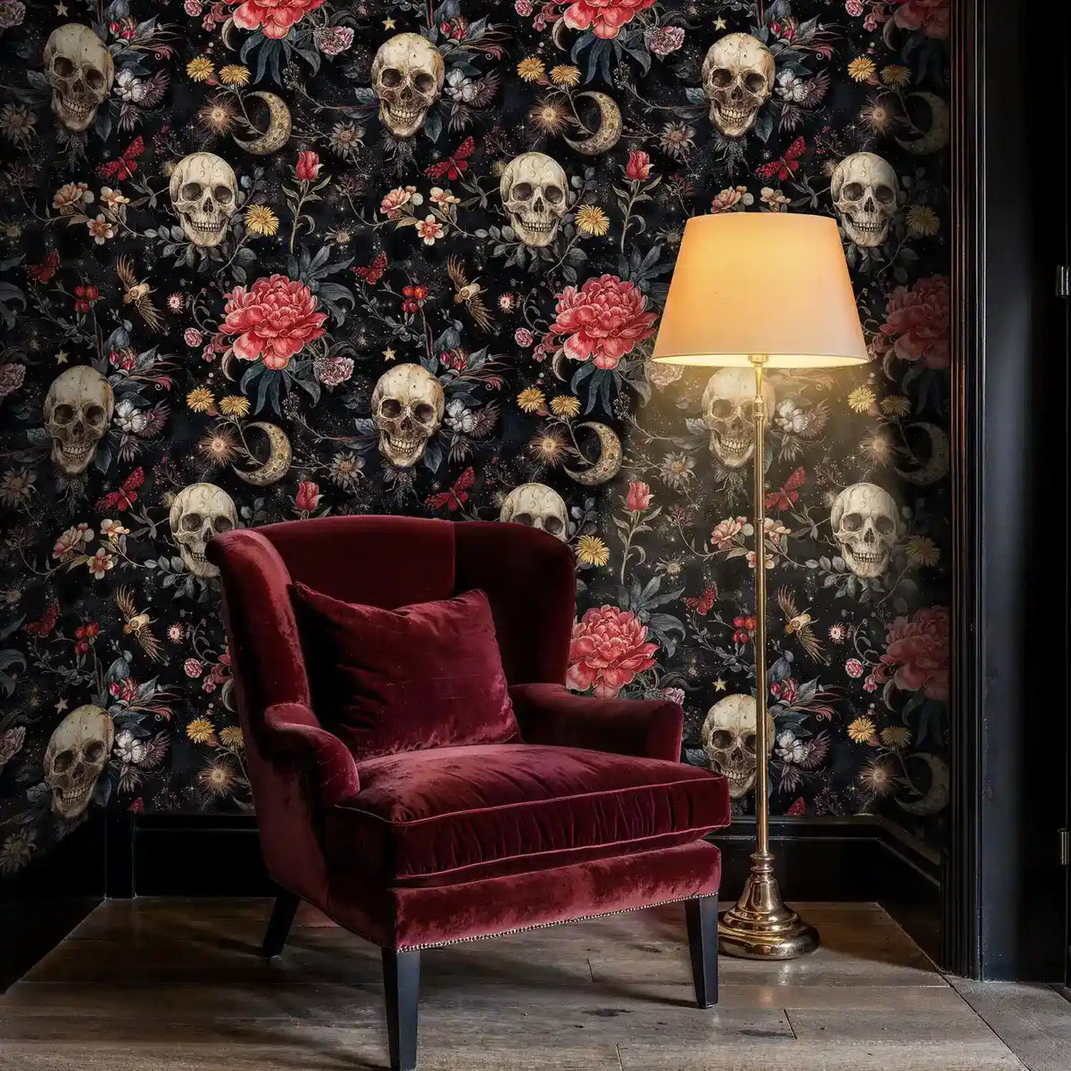Gothic Celestial Skulls and Florals Wallpaper