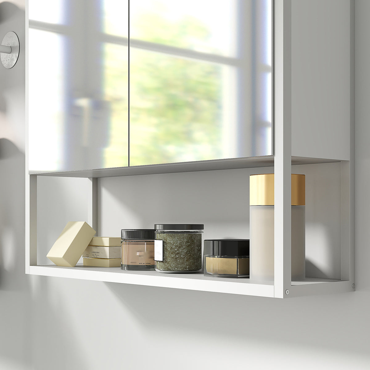 Armoire murale salle de bain avec miroir, meuble salle de bain, 2 portes miroir, étagère ouverte 60 x 16 x 60 cm blanc