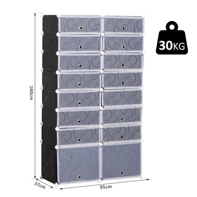 Armoire à Chaussures Modulable Range Chaussures L 95 x l 37 x H 160 cm 14 Cubes rectangulaires et 2 Grands Cubes Noir et Blanc en plastique