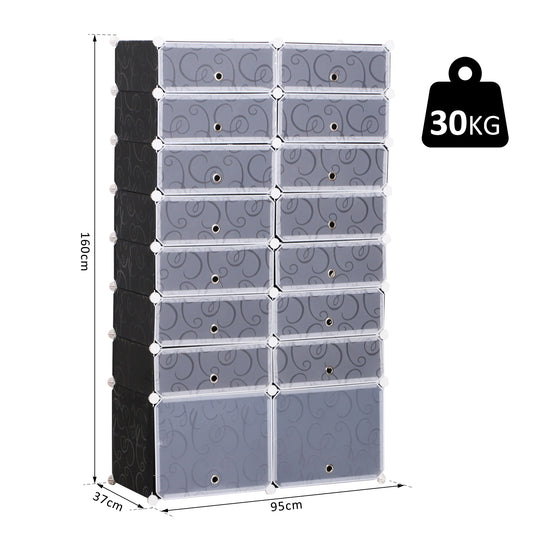 Armoire à Chaussures Modulable Range Chaussures L 95 x l 37 x H 160 cm 14 Cubes rectangulaires et 2 Grands Cubes Noir et Blanc en plastique