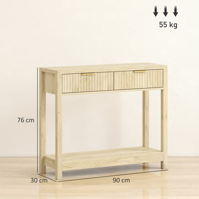 Console meuble 90 cm, table console étroite avec 2 tiroirs rainurés et étagère, style moderne, bois naturel