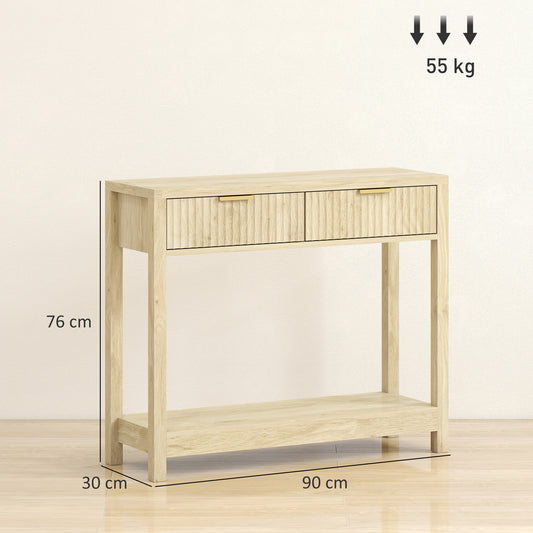Console meuble 90 cm, table console étroite avec 2 tiroirs rainurés et étagère, style moderne, bois naturel