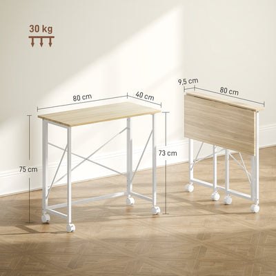 Bureau pliant table d'ordinateur 80 x 40 cm sur roulettes pour bureau à domicile, chambre, petits espaces, chêne