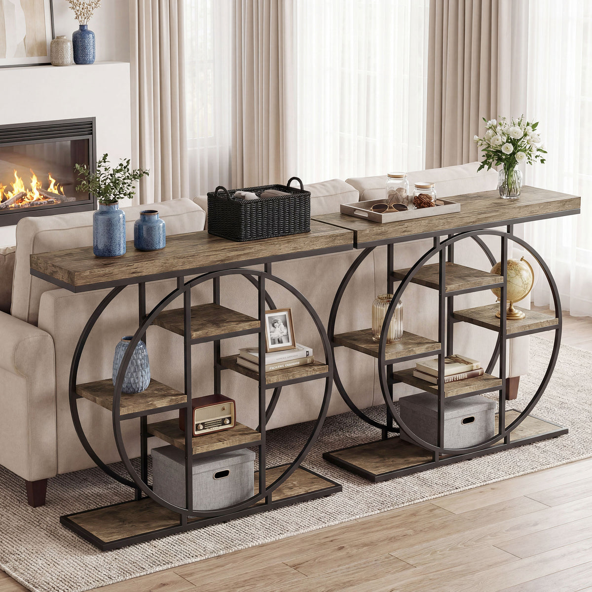 Table Console d'Entrée Meuble d'Entrée Industrielle 6 Étagères Rangement Plateau 4cm 100 x 30 x 81,5cm Marron Rustique