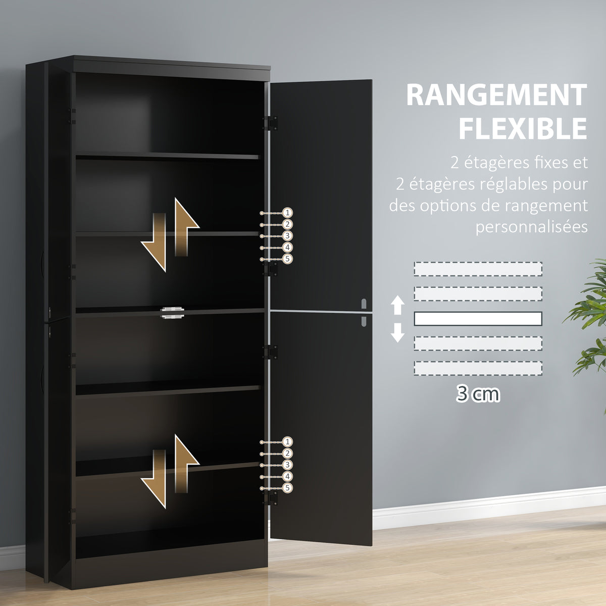 Buffet haut cuisine, armoire de cuisine avec 4 portes à 6 niveaux et étagères réglables, 76 x 40 x 176,7 cm, noir