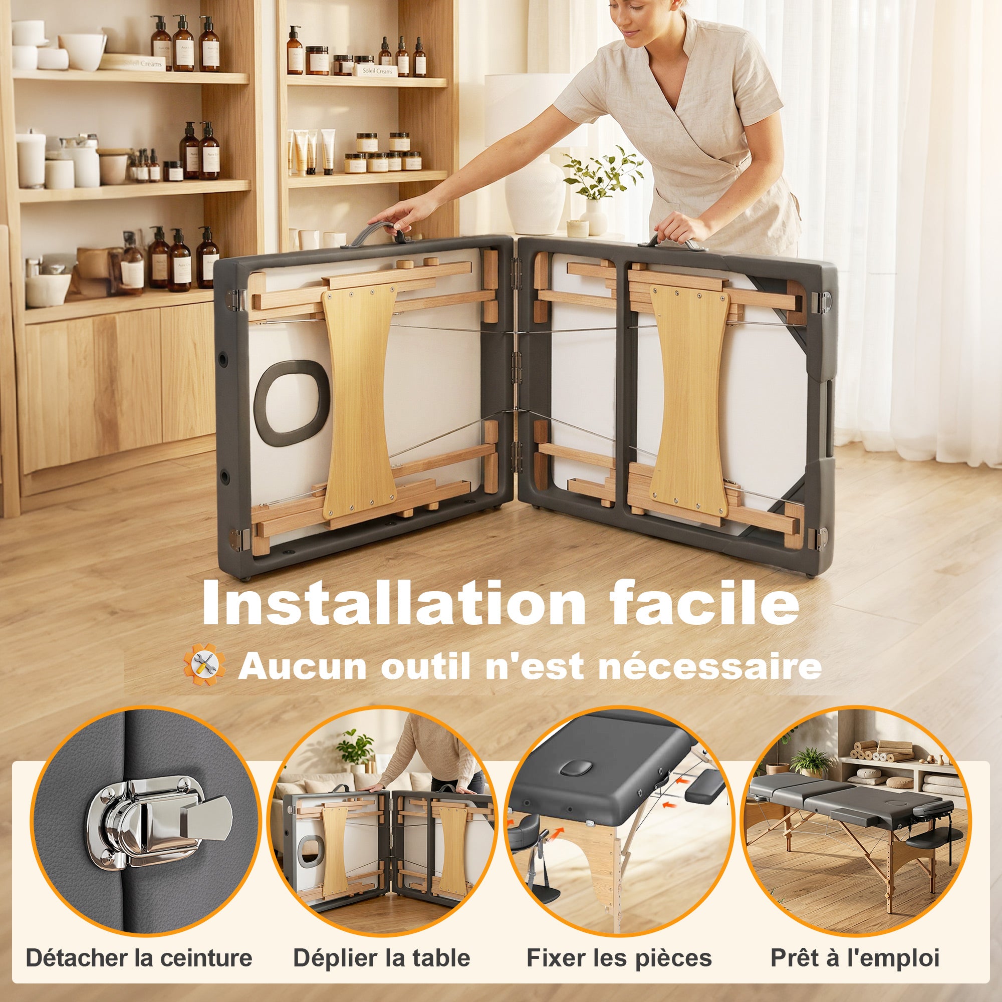 Table de massage pliante, lit de massage 3 zones portable 185 x 60 cm, hauteur et dossier réglables, appui-tête, gris
