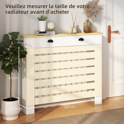 Couvercle de radiateur cache radiateur grille à lattes horizontales avec 2 tiroirs en bois 111l x 19P x 95,5H cm blanc
