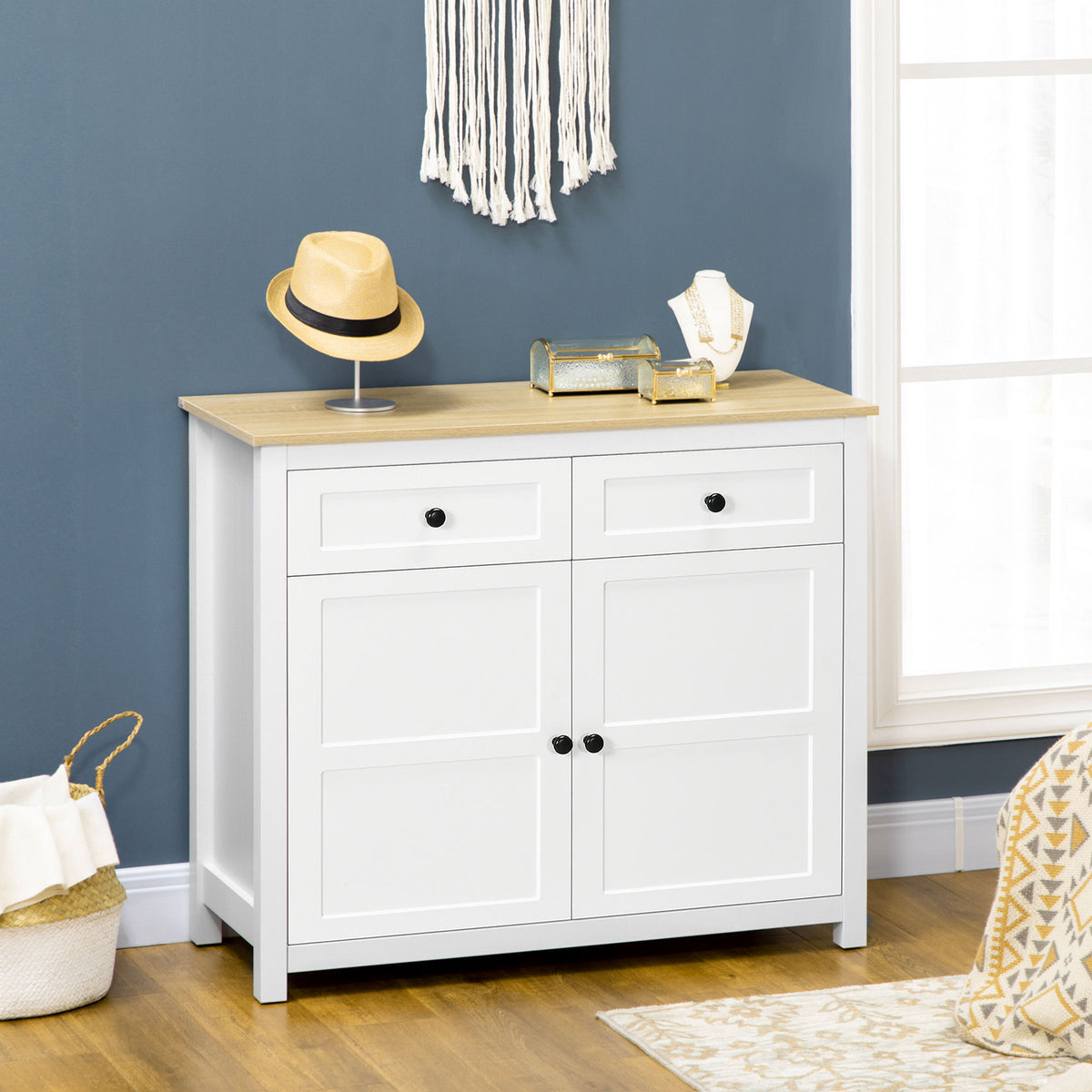 Commode meuble de rangement 2 portes avec étagère réglable en hauteur 2 tiroirs 100 x 40 x 85 cm blanc et aspect bois