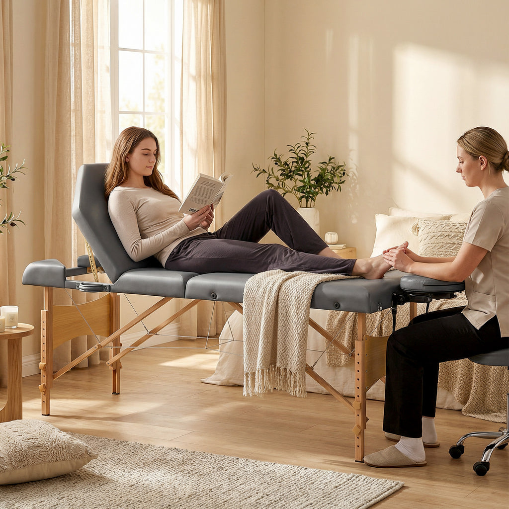 Table de massage pliante, lit de massage 3 zones portable 185 x 60 cm, hauteur et dossier réglables, appui-tête, gris