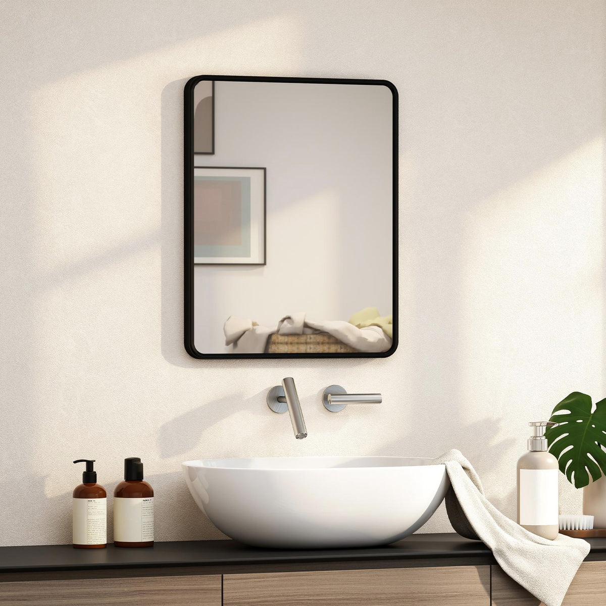 Miroir mural rectangulaire 50 x 40 cm, miroir décoratif moderne avec cadre en métal pour salon, entrée, couloir, noir