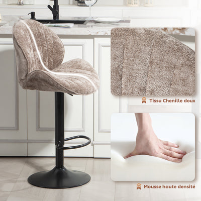 Lot de 2 tabourets de bar forme de coquillage, dossier, hauteur réglable et repose-pieds, cadre en acier, marron