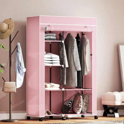 Armoire penderie en tissu meuble de rangement 6 roulettes tringle à vêtements et étagères ouvertes 103x43x162,5cm rose