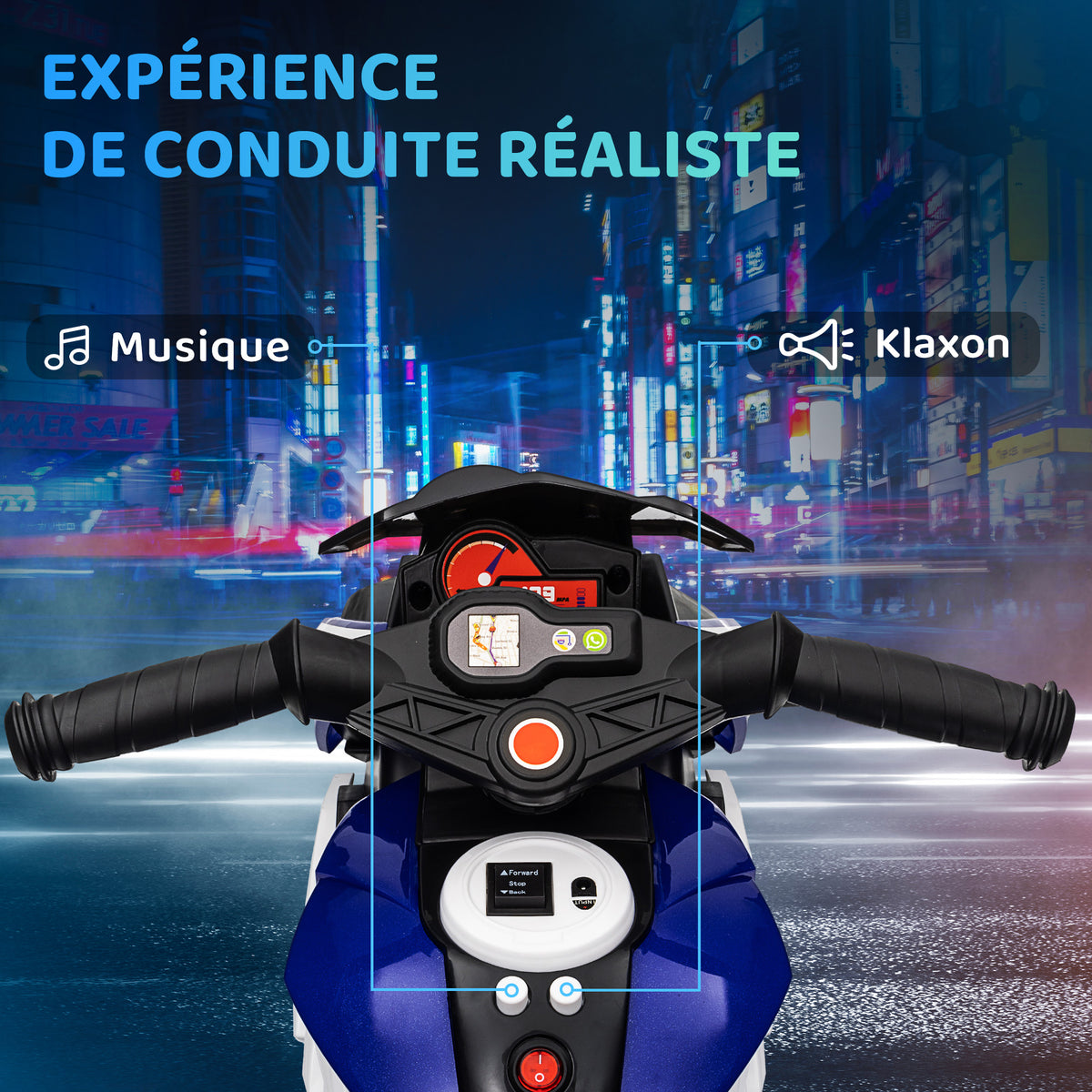 Moto électrique enfants 3 roues 6 V, voiture électrique enfants 3 à 5 ans, effets lumineux et sonores, 86x42x52cm, bleu