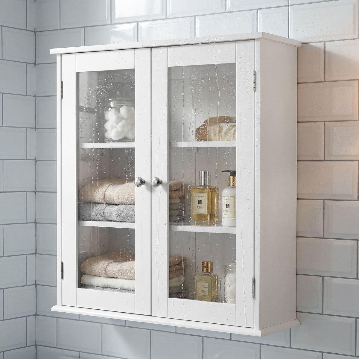 Armoire murale de salle de bain, meuble haut salle de bains avec 2 portes en verre, étagère réglable, 55x20x65cm, blanc