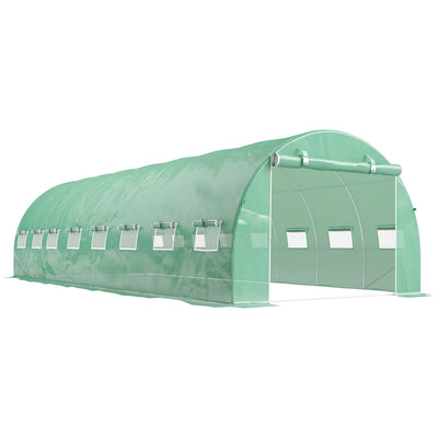 Serre de jardin tunnel 24m² 8L x 3l x 2H m - 16 fenêtres, Porte zippée enroulable acier galvanisé, bâche PE, Vert