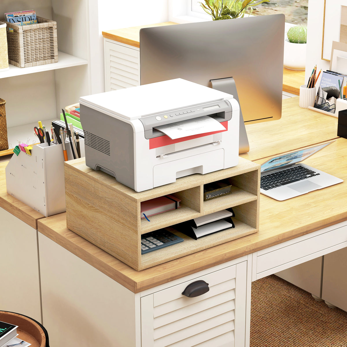 Organiseur bureau aspect bois avec 3 compartiments fournitures support d'imprimante dim. 47L x 40l x 22,5H cm