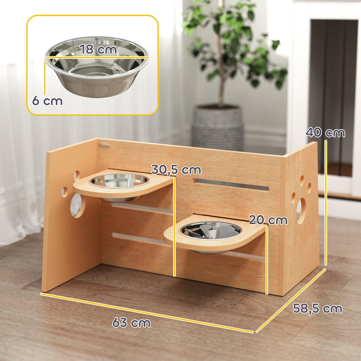 Gamelle chien surélevée de 3 hauteurs ajustables gamelle pour chien 2 bols acier inoxydable 63 x 58,5 x 40 cm chêne